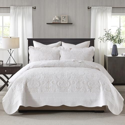 DUOHONG 100% Cotton Quilt Set Queen Size - Embroidery Quilted Comforter, Floral Damask Vintage Queen Quilt Bedspreads, Chic Reversible Lightweight Bedding Queen Bed Spread, 3pcs, White/Beige