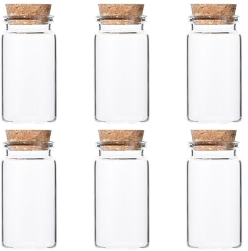 SOFPLATE 1 Scatola da 6 Confezioni da 50 ml di Bottiglie di Vetro con Tappo in Sughero Barattoli di Vetro Decorativi Fiale Bottiglie di Vetro Trasparenti Barattoli Vuoti per Caramelle Spezie Bom