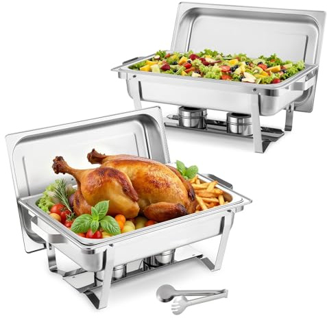 VEVOR Scaldavivande a Buffet Rettangolare, 2 Pezzi Scaldavivande per Catering da 9 L in Acciaio Inox, con Manico Cavo, 1 Pinza per Alimenti, Coperchio, Porta Combustibile, per Banchetti, Feste