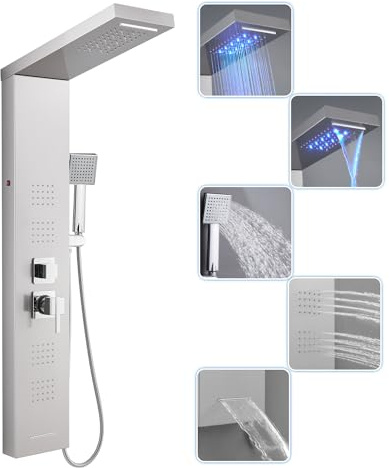 ROVOGO Duschpaneel mit Armatur und LED, 5 Modi Duschsäule - Regen-/Wasserfall-Duschkopf, 4 Eckige Massagedüsen, Handbrause, Wanneneinlauf, Duschpaneele Komplett aus Edelstahl Gebürstet, Wandmontage