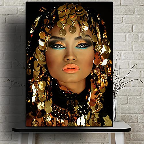 Cuadro de arte de pared Mujer africana con maquillaje con lentejuelas lienzo pintura carteles sala de estar escandinava decoración del hogar 42x60 cm (18x24 pulgadas) marco interior