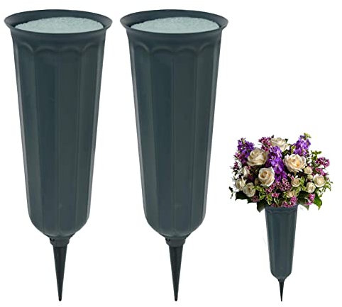 2 Stück Friedhofsvase, Grabdekorationen, Vasen mit Spikes und Blumenschlamm für frische und künstliche Blumen, Blumenhalter, Kunststoffvase für Rasen, Grabstein, Grabdekoration (grün)