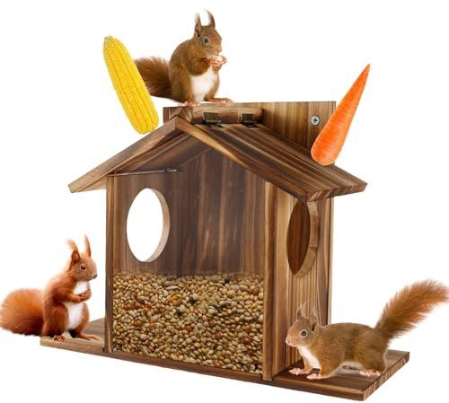Wooden Squirrel Feeder House, Squirrel Feeder for Garden, Large Capacity Squirrel Feeding Station, Squirrel House with Flexible Roof, Chipmunk Feeding Station for Backyard and Garden Funny Gifts