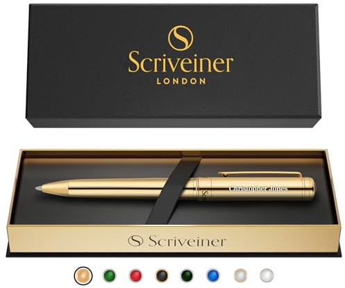 Scriveiner Personalised Pen Gold Ballpoint - Stunning Luxury Pen, Real Gold Plating, Schmidt Ink Refill, Best Engraved Ball Point Gift Set for Men & Women, Custom Name Engraving