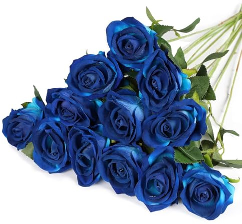PacuM 12 Pcs Rose Finte in Seta Artificiale Bouquet Fiori Finti di Rosa con Steli Lunghi Fiori artificiali Fiori Artificiali Rose Finte Fiori artificiali， per Decorazioni per la Casa di Nozze(blu)