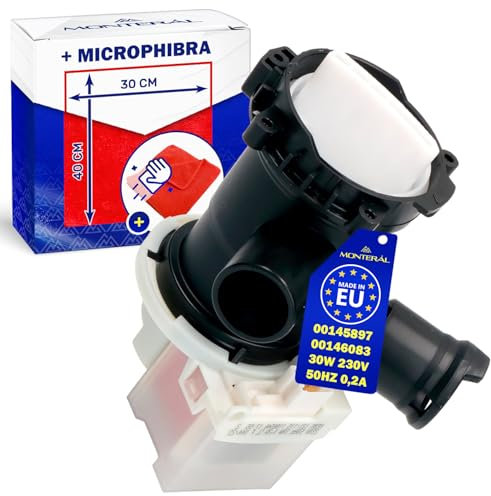 Ablaufpumpe für Waschmaschine 30W 230V 50HZ 0,2A mit dem Originalcode 00145897 145897 00146083 146083 für Bosch für Siemens - Komplett mit Microfasertuch – MADE IN EU - Garantie 10 Jahre - MONTERAL