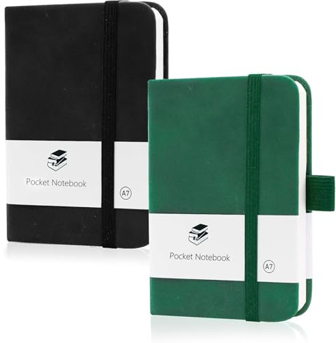 Thokono 2er Pack A7 Notizblock, mini notizbuch kleines Notizbuch mit elastischem Verschluss, Stifthalter, Mini-Taschen mit 200 Seiten für Schule, Arbeit (Schwarz+Grün) (Schwarz+Grün)