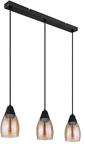 Globo Pendelleuchte Glas Hängeleuchte Glas Esstischlampe schwarz, 3 flammig, Amber Metall, 3x E27 Fassungen, LxBxH 55x10x120cm