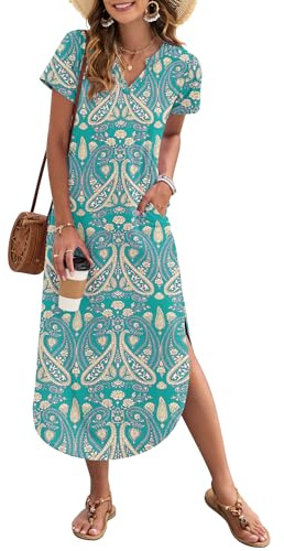 AUSELILY Women's Summer Casual Dress with Pockets V Neck Boho Flor Green M