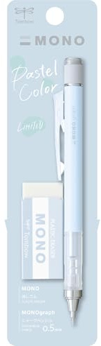 Tombow MONO Graph and MONO Eraser, 0.5 mm, Ice Blue, Precision with 4 mm Tip, Innovative Shake Mechanism, More Stable Brass Pliers, Refillable, Includes Eraser [SH-MG44-PE04A]