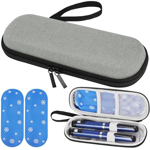 Fefod Estuche Insulina Bolsa, Nevera Insulina de Viaje con 2 Bolsas de Hielo Refrigerado TSA, Portátil Estuche Medicamentos para Diabetes con Mosquetón para Viajes Largos y Diarios (Gris)
