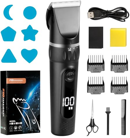 Cozary Haarschneidemaschine, Barttrimmer Herren Profi mit LED-Anzeige, 180 Min, Bartschneider Herren, USB aufladen, 4 Führungskämmen, Kabelloser Haarschneider Set für Männer oder Haustiere