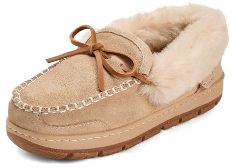 Fireside By Dearfoams Gladstone Genuine Shearling Moccasin, Womens Slippers Memory Foam Moc Indoor Outdoor House Shoes
