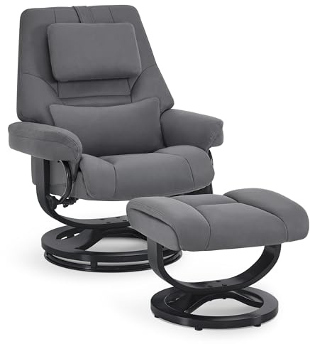 M MCombo Relaxsessel mit Liegefunktion, Lesesessel, 360° Drehbarer Fernsehsessel mit Hocker, mit Verstellbares Kopfkissen, Lendenkissen & Seitentasche, TV-Sessel für Wohnzimmer, 9046 (Grau)