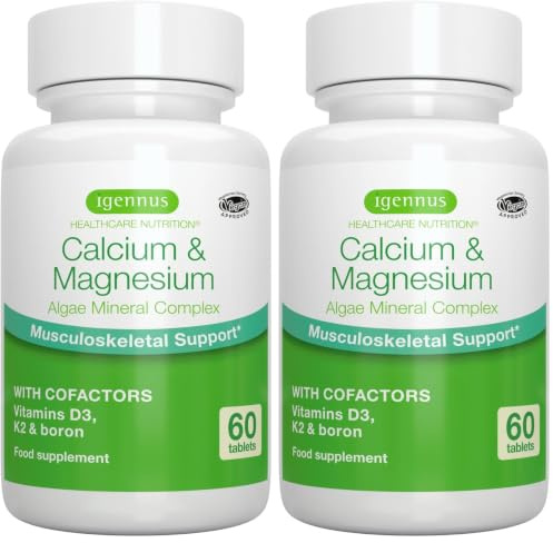 Igennus Calcio y Magnesio de Algas de Alta Absorción, con Vitamina D, K2 y Boro, Etiqueta Limpia,Origen Vegetal,Complejo Mineral de Algas no Transgénicas,Soporte Huesos y Dientes,Vegano,60 Comprimidos