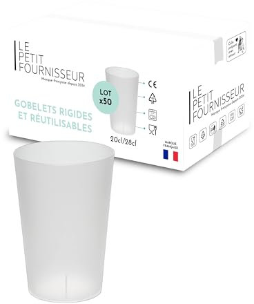 LPF LE PETIT FOURNISSEUR - Lot de 50 Gobelets réutilisables 20cl (28cl à ras-bord) - Polypropylène Plastique Alimentaire Rigide - Gobelets pour évenements - Compatible lave-vaisselle - Couleur Givrée