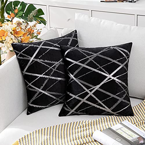 MIULEE 2er Set Samt Kissenbezug Silver Kissenbezüge Dekokissen Dekorativ Sofakissen Kissenhülle Zierkissenbezug Zierkissen Bezug Überzug Deko Kissen Bezüge Couchkissen Sofa Schwarz 45x45 cm
