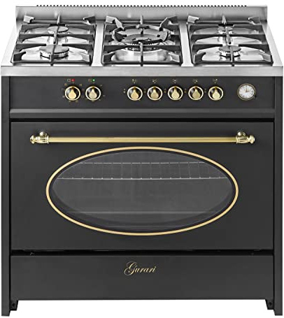GURARI Cuisinière à gaz GCH E 914 BL r, Rétro à gaz Electrique 90 cm/Nostalgie Range Coocker / 121L / 8 fonctions/Air chaud/barbecue / 5 brûleurs de haute qualité / 4 kw WOK/gaz naturel/gaz propane