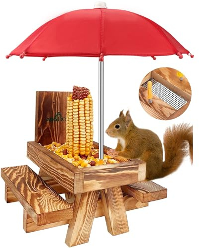 MIXXIDEA Squirrel Feeder Picnic Table with Tall Umbrella, Wooden Squirrel Feeders for Outside, Cute Chipmunk Feeder with Corn Cob Holder, Solid Structure, Thick Wood (Rustic Brown Red Umbrella)