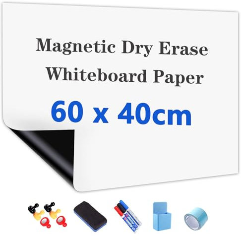 JOMUSAGA Whiteboard Folie, 60 x 40 cm, magnetisch selbstklebende Weißwandtafel Folie, Whiteboard Sticker DIY, inklusive Marker, Schwamm und Magnete, für Schule, Büro und Zuhause
