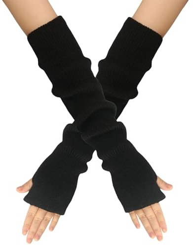 Suxgumoe Fingerlose Handschuhe Damen, Lange Winter Damen Armstulpen, Strick Pulswärmer mit Daumenloch Gestrickte Armwärmer für Damen Mädche (Schwarz)
