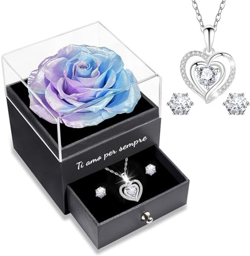 Yamonic Regali originali rosa eterni per donna, rosa eterna naturale conservata con collana e orecchini in argento sterling 925, regalo di Natale, San Valentino, festa della mamma, compleanno