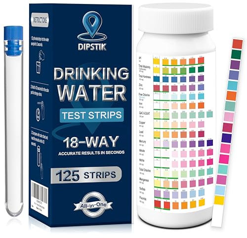 DIPSTIK 18 en 1 Kit Test Eau Potable-125 Bandelette Eau Piscine Puits,Test dureté, chlore/brome libre, mercure, alcalinité, fluorure, pH et plus