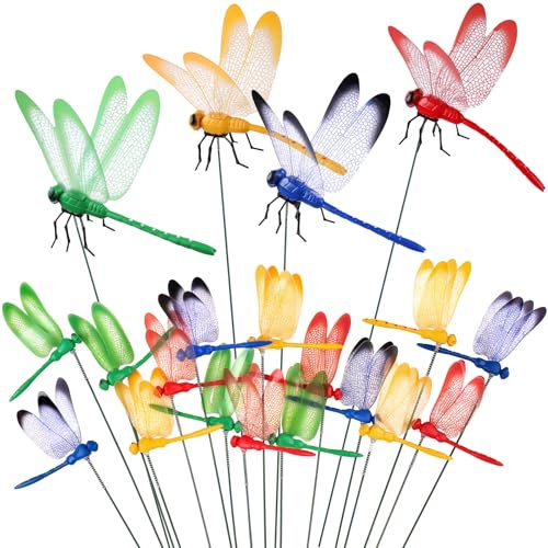 Amaonm 20pcs 3D Colorful Dragonfly Garden Decorations Decor Dragon Fly Garden Stakes Dragonflies Garden Ornaments Patio Decoration Dragonfly Stakes with Sticks, 4 Colors 2 Size