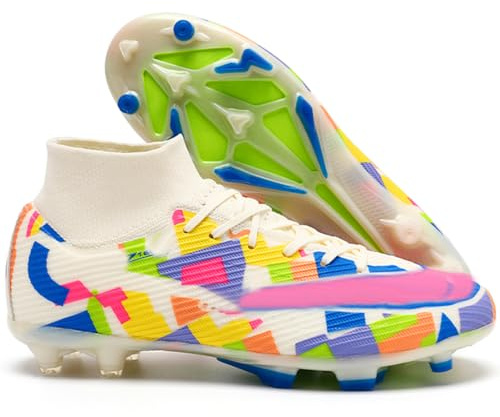 Mens Football Shoes Spike High Top Football Boots Youth Outdoor Turf Trainers Cleats Soccer Shoes Cleats Boys Professional Athletic Sneaker (Rainbow-1-T, 8UK)