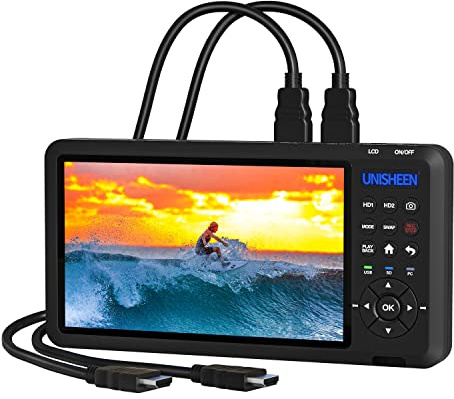 UNISHEEN HD Video Capture Box 2 Channel 1080p 60 FPS HDMI Picture-in-Picture Video Recorder with Screen 7 inches MP4 Support SD Card U Disk Storage Have USB2.0 Cable Remote Control