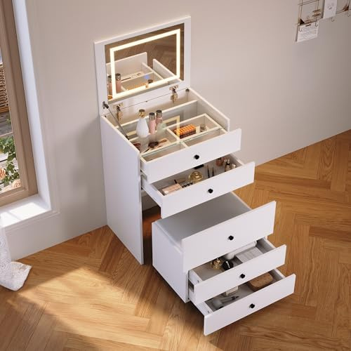 SONNI 3-i-1 sminkbord med vikbar spegel, LED-belysning, synlig glasskiva, sminkbord med 4 lådor, sminkbord med 4 universalrullar, sminkbord för sovrum, vit, 60 x 45 x 83 cm