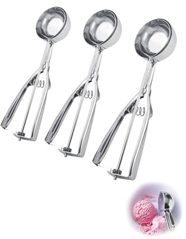 Thapncow 3 pezzi Porzionatori da Gelato Paletta in acciaio inox, Cucchiaino per gelato, cucchiaio per gelato con grilletto per frutta, gelato, biscotti (3 Misure 4/5/6 cm)