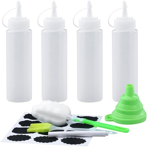 Set de 4 Botellas de Plástico para Salsas – 250 ml con Escala y Tapas – Antigoteo y Sin Fugas – Botella de Plástico Exprimible Dispensador para Aceite, Kétchup, Salsas y Aderezos