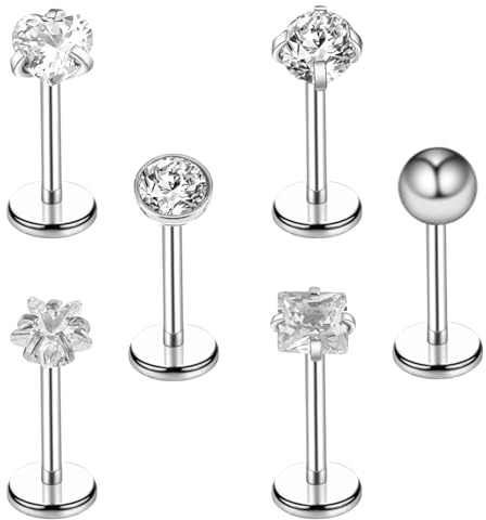 Telooco 6 Stück Piercing Nase Silber Nasenpiercing Chirurgenstahl Lippenpiercing Flache Rückseite Nasenstecker Zirkonia Tragus Nasenring Piercing Knorpel Ohrringe Helix Piercings für Männer Frauen