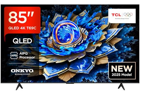 TCL 85T69C 85” QLED, Direct LED TV, 4K HDR TV, Smart TV Powered by Google TV (Dolby Vision & Atmos, Game Master, Motion Clarity, Onkyo 2.1 Sound, Compatible with Google Assistant & Alexa)