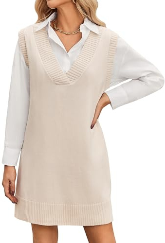 Zeagoo Abito in maglia da donna, senza maniche, con scollo a V, elegante, da indossare sopra una camicia, outfit per autunno e inverno, morbido, abbigliamento a strati, beige., M