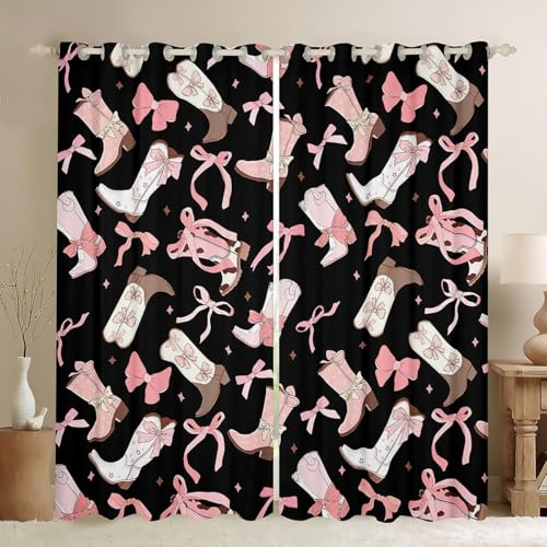 Cortinas para ventana con lazo rosa para niñas, 2 paneles, 66 x 90 pulgadas, cortinas opacas con lazo de coqueta de vaquera, cortinas negras y rosas para dormitorio, cortinas de botas de coqueta