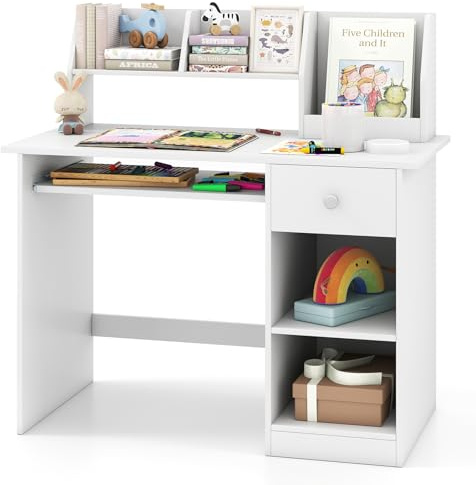 COSTWAY Scrivania per Bambini 3-6 Anni, Tavolo in Legno con Vassoio per Tastiera e Cassetto, Libreria Laterale e Mensole Superiori e Ampio Piano del Tavolo, Ideale per Cameretta (Bianco)