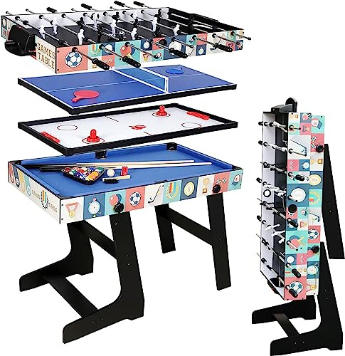 HLC 4FT Games Tables Folding 4-in-1 for Kids Teenager Fossball Table Folding Table Tennis Table Pool Hockey Table Blue