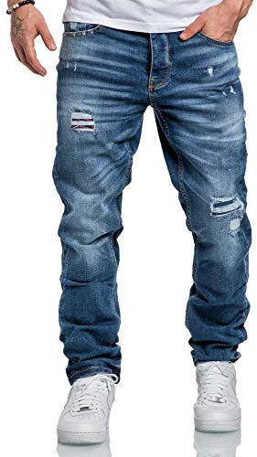 Amaci&Sons Herren Jeans Regular Straight Fit Denim Hose Destroyed 7984 Hellblau (Patches) W31/L30