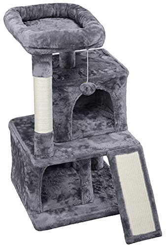 Yaheetech Basic 3-layer Cat Tree Tower Cat Scratching Post with 2 Condos/2 Perches/Sisal Scratching Board/Furball for Indoor Cats/Kittens, 91cm Dark Grey