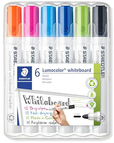 Staedtler Lumocolor 351, Marqueurs pour tableau blanc effaçables à sec, Sans xylène ni toluène et quasi-inodore, Pointe ogive de 2 mm, Étui chevalet avec 6 couleurs assorties, 351 WP6-1