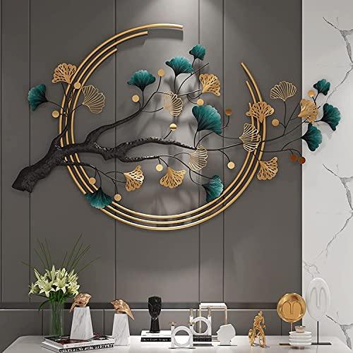 Ainydie Créatives Décoration Murale Feuille de Ginkgo en Métal à La Main, Moderne Luxe Sculpture Murale en Métal, Tenture Murale Intérieure pour Salon Chambre à Coucher Hôtel,110x68cm