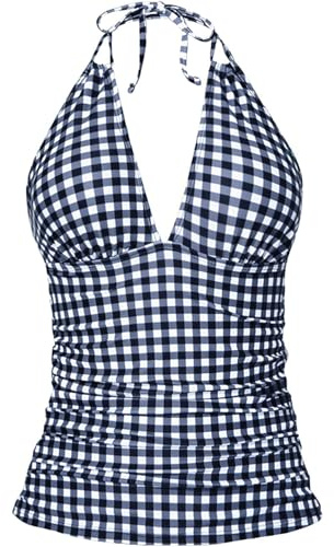 Yonique Women's Halter Tankini Top No Bottom V Neck Swim Top Tummy Control Bathing Suit Top Black and White Plaid M