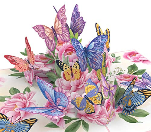 MOKIO® Pop-Up Schmetterling Karte – Blumen mit Schmetterlingen – 3D Grußkarte zum Geburtstag, zur Genesung oder als Geburtstagskarte, Blumenkarte mit Umschlag