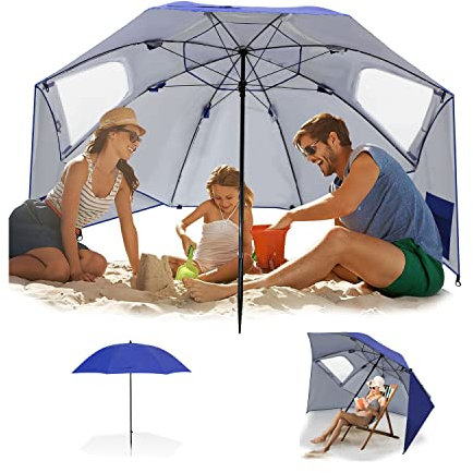 Joparri Sonnenschirm Strandmuschel 2 in 1 Schirm für Strand Garten, Sonnenschutz UV-Schutz 50, faltbar multifunktional, mit Fenster und Tragetasche 210x220cm, Blau