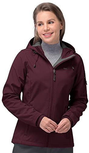 33,000ft Chaqueta softshell para mujer, impermeable, transpirable, cálida, de invierno, de entretiempo, cortavientos, con capucha, borgoña, M