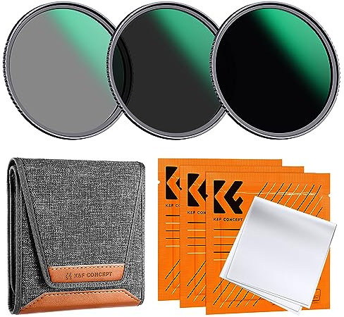 K&F CONCEPT Ø58mm Filtre ND8+ND64+ND1000+Sac+3 Chiffons Densité Neutre 3/6/10 Stops Nano-revêtement HD Anti-Rayures Étanche pour Objectif Appareil Photo (D Série)