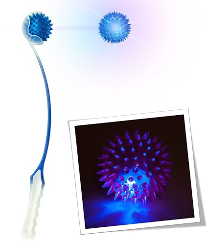 Petopedia LIGHT UP Dog Ball Thrower – 46 cm Long Launcher with Flashing Balls for Dogs – Strong Grip, Easy Pick Up & Throw, Lighting Up Spiky Ball Launchers, Interactive Toys (18, Blue (2 Tone))