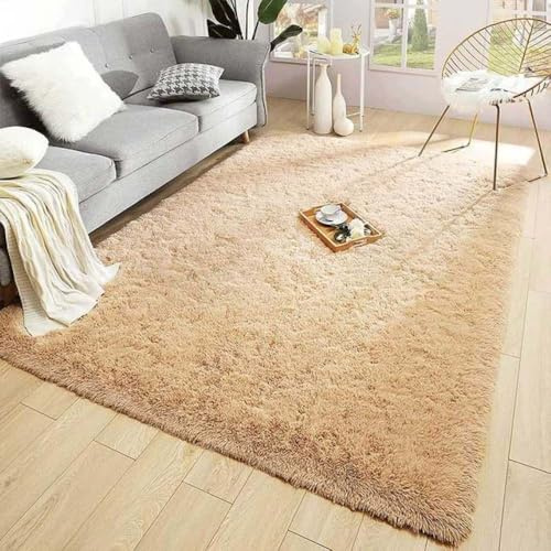 PIZZZENO Tapis à Poils Longs pour Salon, Chambre à Coucher, Couverture de lit, Noir et Doux, décoration d'intérieur Moderne, Camel, 140 x 200 cm